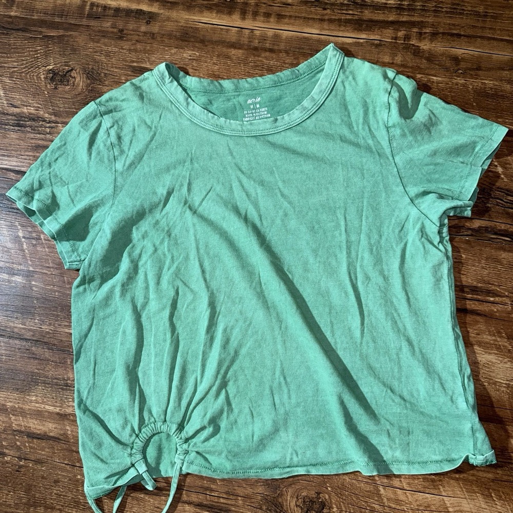 Aerie Green Cropped Side Waist Tie Short Sleeve Cotton Tee‎ Women's Medium